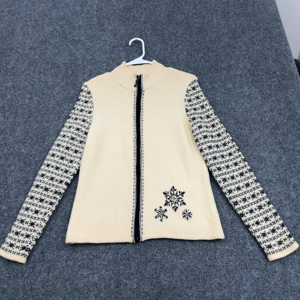 Skyr Sweater Womens L Cream Lambswool‎ Snowflake Full Zip Mock Neck Nordic Ski